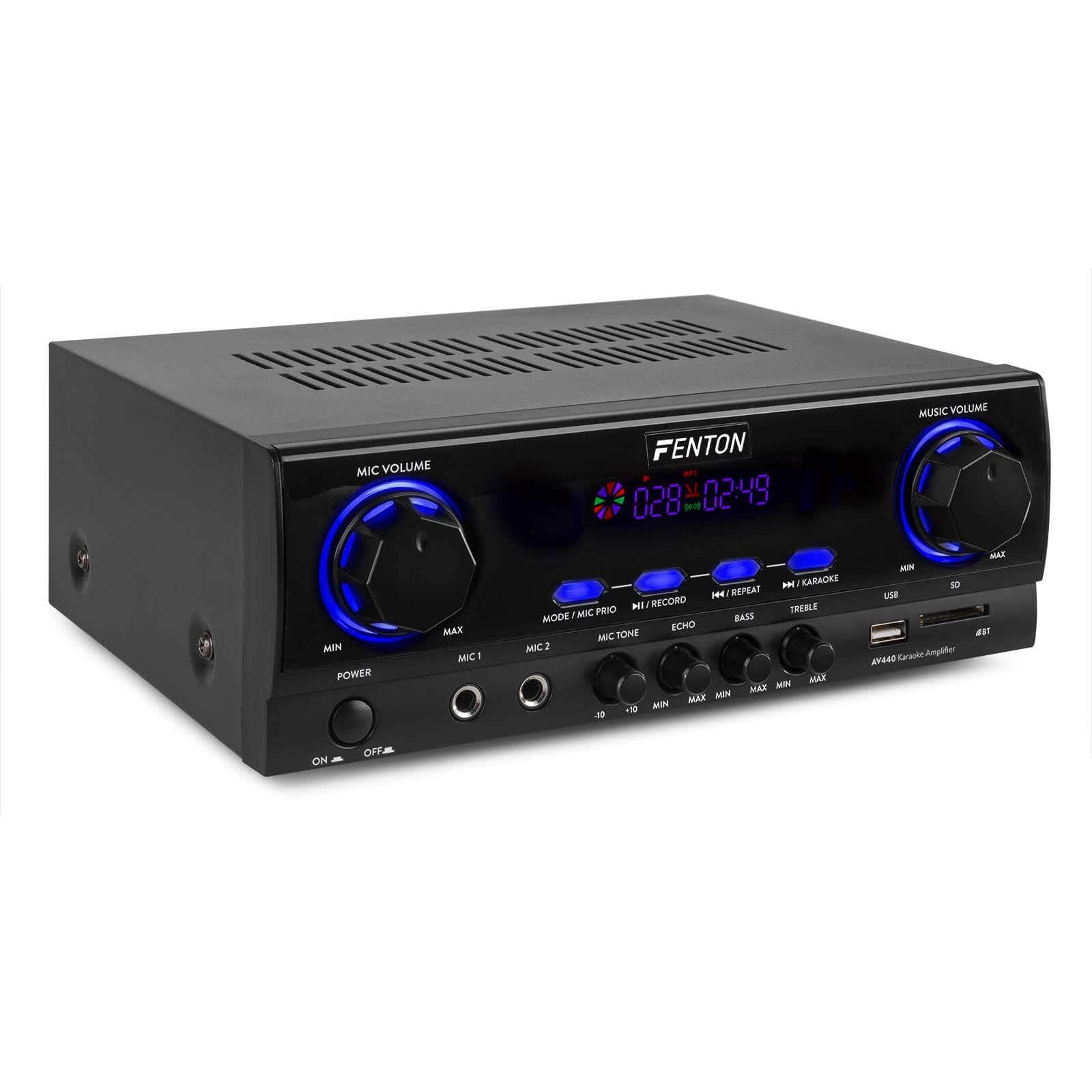 Karaoke Anlage mit 2 Mikrofonen - Vonyx SL8 PA Lautsprecher Set 400 Watt und Fenton AV440BT Bluetooth Verstärker, Mobile PA Anlage Komplettset mit Kabeln, DJ Anlage, Karaoke Set, Karaoke Maschine