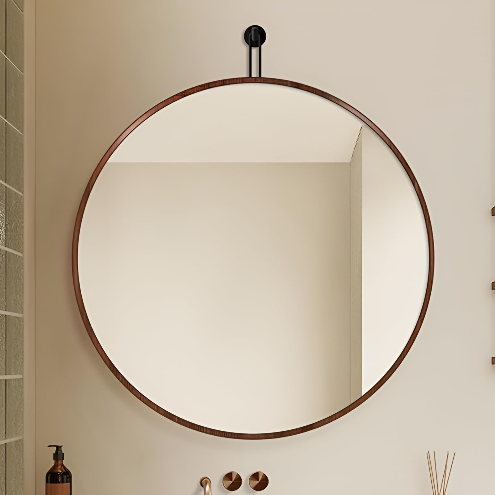 FGXHHS HD Round Wall Mirror 50CM, 60CM, 70CM, 80CM, Metal Frame, Modern Decorative Hanging Circle For Wall, Bathroom Vanity, Entryway, Living Room(Walnut Wood,70cm/27.6in)