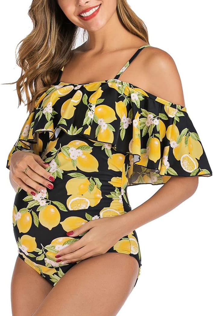 LANGWEI Maternity One-Piece Swimsuits Ruffled High Waisted Ribbed Pregnancy Swimwear Bikini Beachwear
