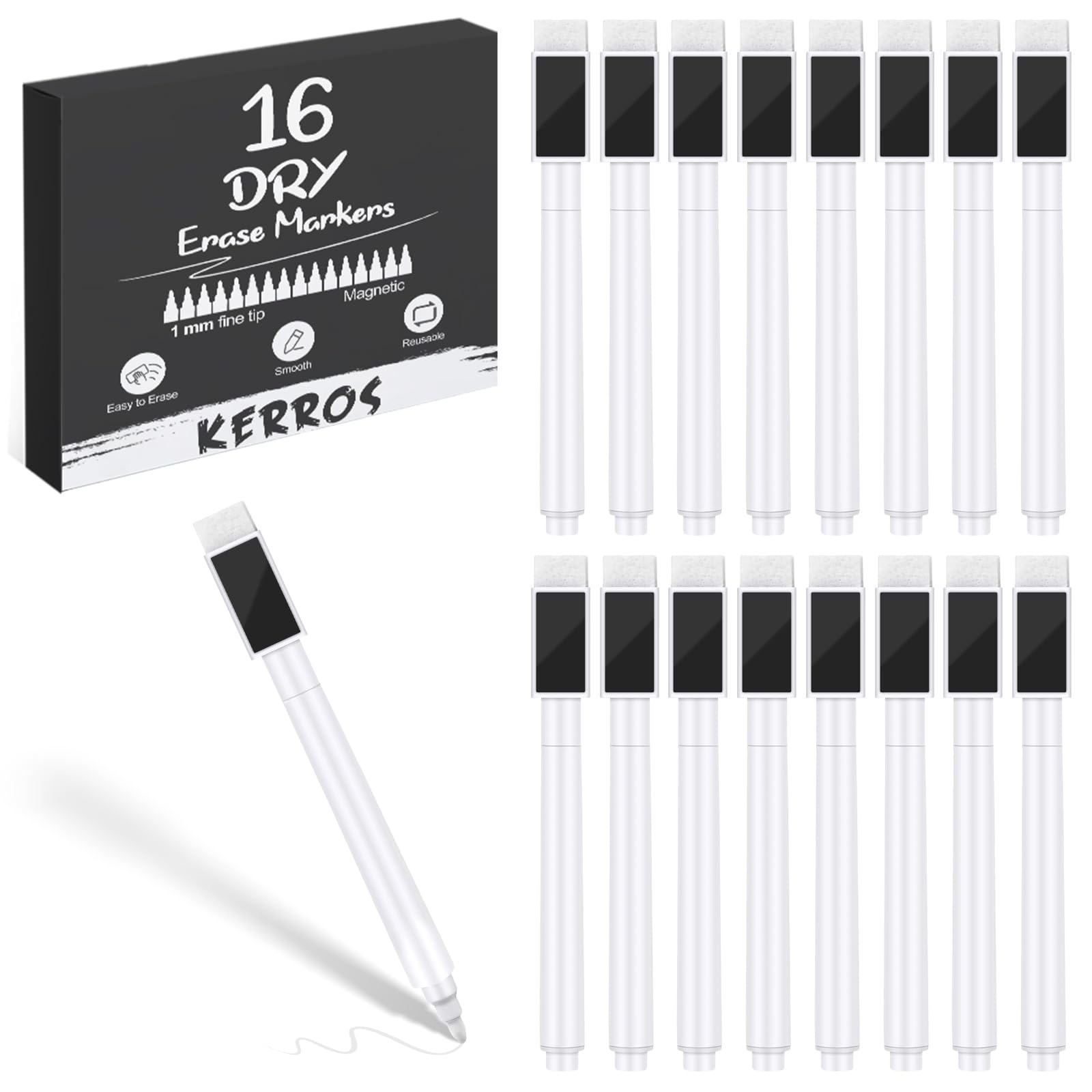 Photo 1 of Kerros White Dry Erase Markers Magnetic Dry White Chalk Markers Pens Fine Point Tip 16 Pack - Small Blackboard Markers with Cap for School Office Family