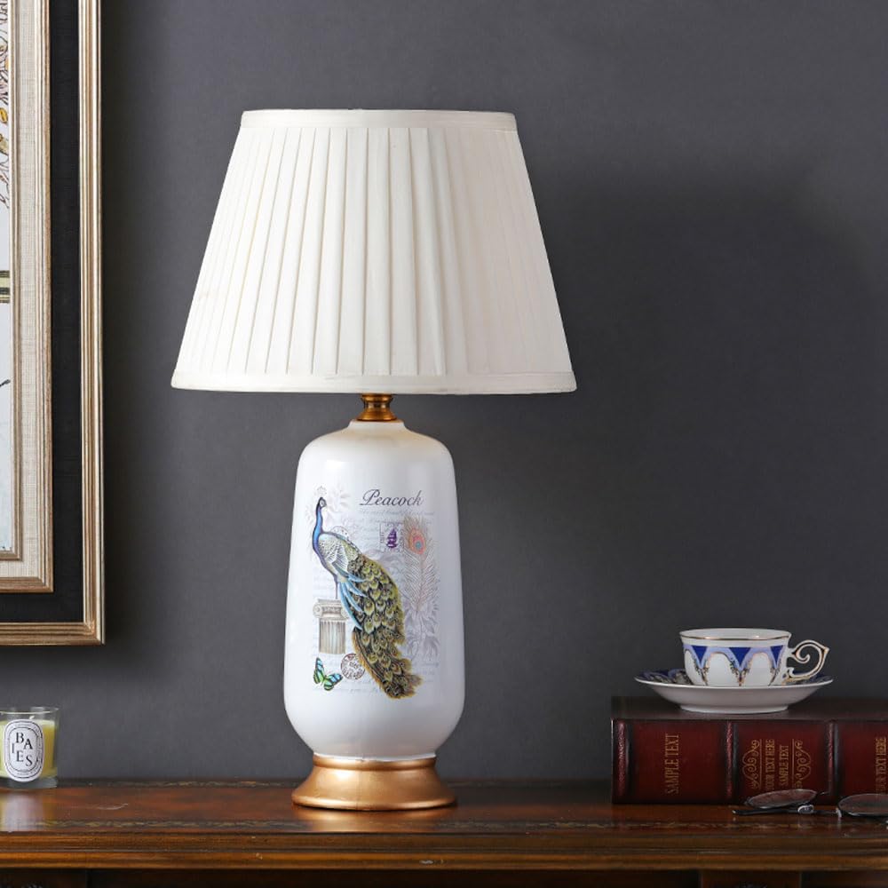 asdchZen 24" American Hand-Painted Flower And Bird Ceramic Table Lamp Bedroom Bedside Desk Nightstand Lamp With Fabric Lampshade For Aisle Vase Lamps-D,A
