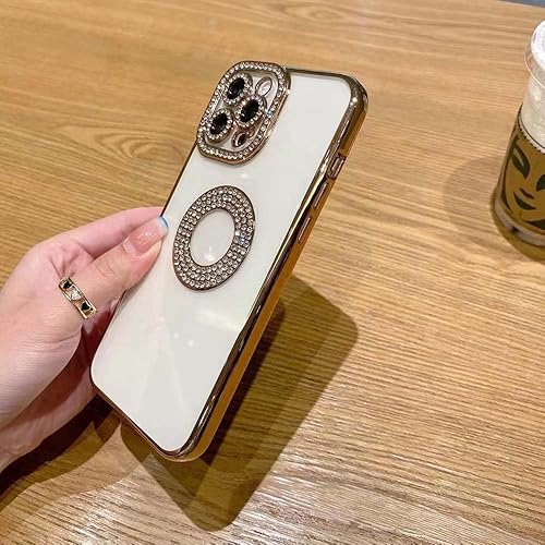 Miniatura 7 de Funda para iPhone 13 Pro Max con diamantes de imitación brillantes, transparente y bonita funda dorada estética, de lujo, galvanizada para iPhone 13