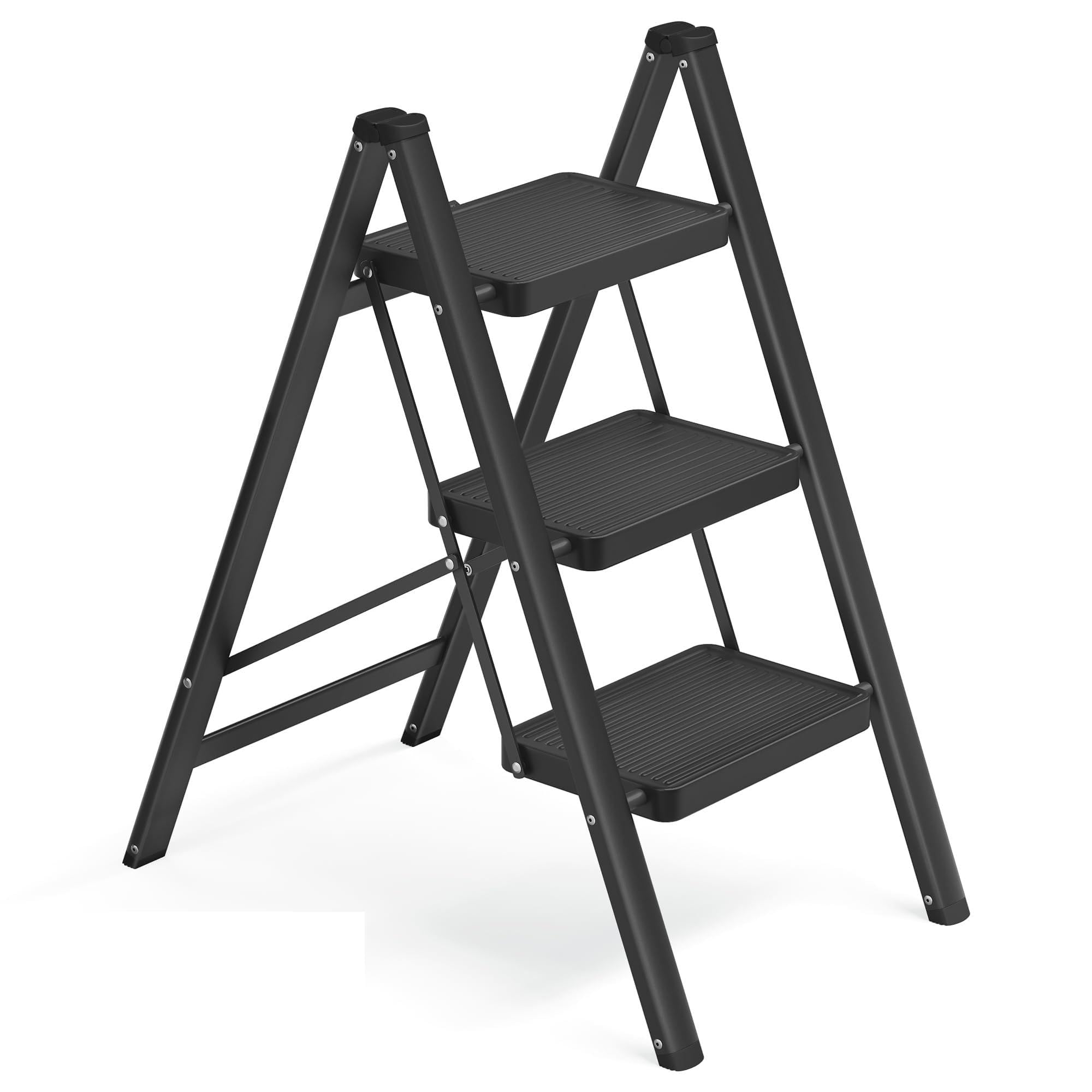 SONGMICS Step Ladder, Folding Step Stool, 3-Step Foldable Ladder, Holds up to 150 kg, Steel, Heavy-Duty, Easy Storage for Home and Office, 73.5 x 43.4 x 85.5 cm, Black GSL103BZ01