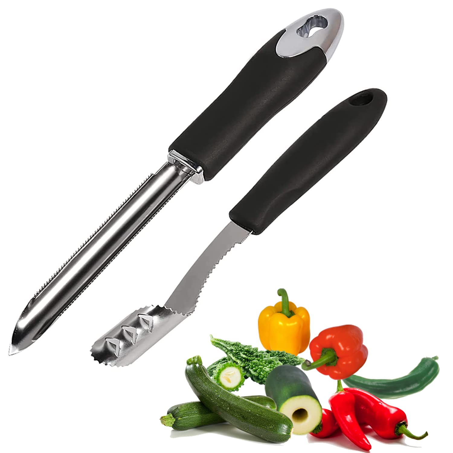 KAYCROWN Jalapeno Pepper Corer, Set of 2, Stainless Steel Chili Corer Remover with Serrated Slice and Rubber Handle, Core Deseeder for Jalapenos, Chilis, Bell Peppers, Zucchini Cucumber Corer