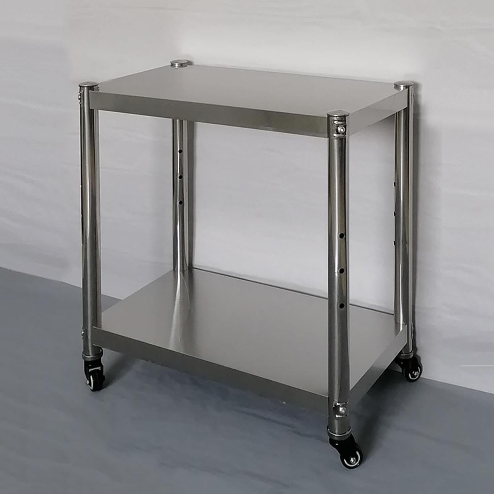 Tavolo in acciaio inox, carrello mobile a due ripiani, tavolino da cucina