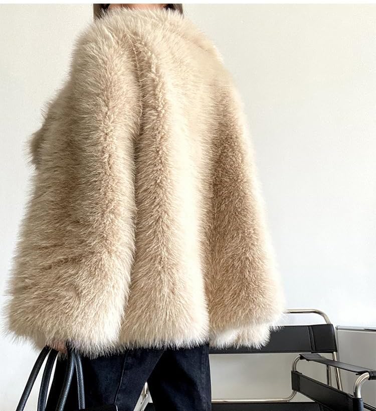 Shaggy Overcoat Outerwear Beige Faux Fur Warm Coat Women's Fashion Puffy Fur Jacket Sweater - Image 7