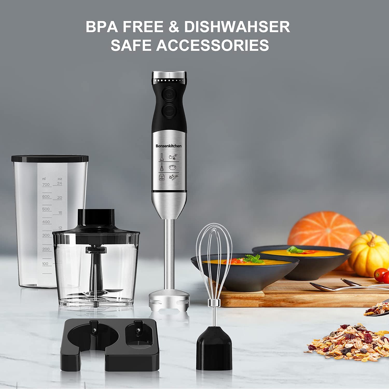 Bonsenkitchen Hand Blender, 3-in-1 Stainless Steel Hand Immersion ...