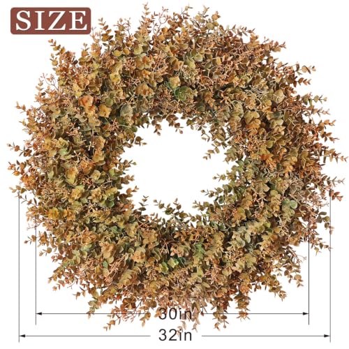 Image of 32 inchArtificial Eucalyptus Wreath with Seed for Front Door Decor(Fall Orange) | Large Size, Fake Autumn Plant Wreath, UV-Resistant, for Outdoor,Front Porch,Window,Farmhouse,Home,Harvest Day,Wall Decoration