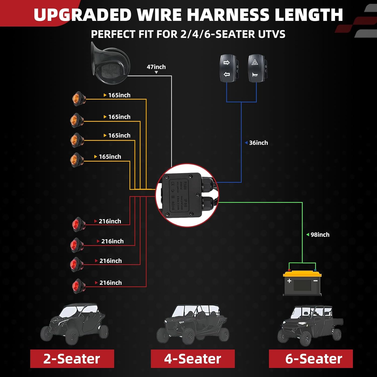 UTV Turn Signal Kit with 110D Horn, Left/Right Rocker Switch, Led Turn Signal x8, Horn Switch x1, Harness Set x1, Relay x1, Nylon Cable Ties Set x1 Compatible with Polaris, Can-Am, Kawasaki, CFMOTO