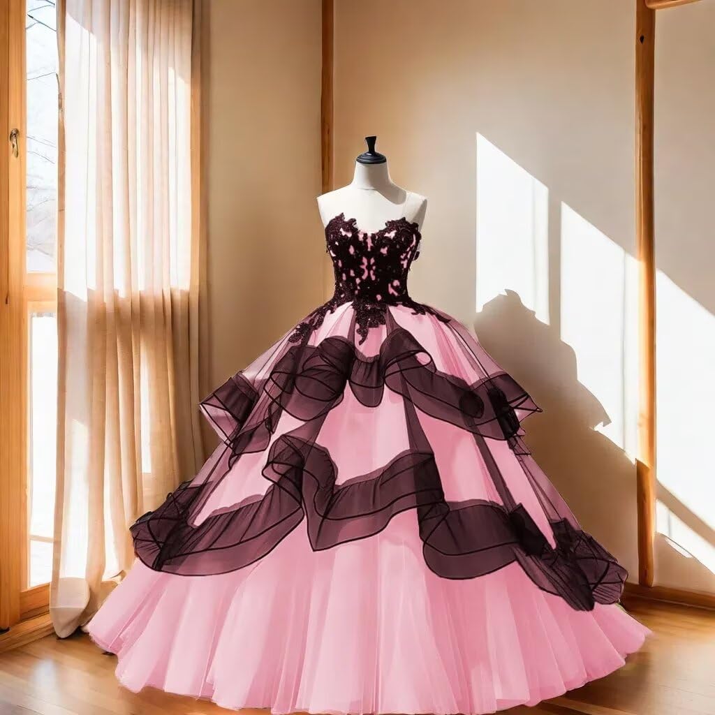 XYAYE Strapless Gothic Quinceanera Dresses Ball Gown Puffy Tulle Sweet 15 16 Dresses Sweetheart Black Tiered Lace Prom Dress