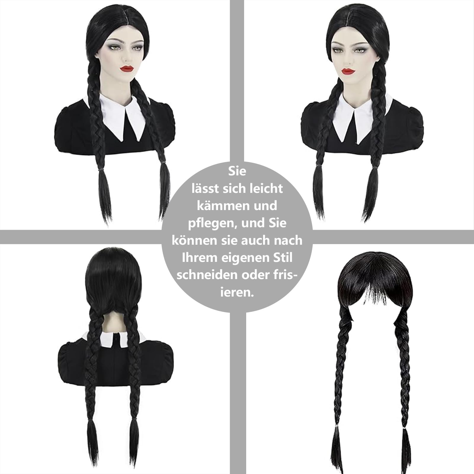Mercredi A-ddams Perruque Tressée Noire, Perruque Fille et Femme pour Fêtes et Cosplay