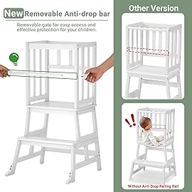COSYLAND Kids Kitchen Step Stool Helper with Gloves Removable Anti-Drop Railing Safety Rail, Non-Slip Mat Standing Tower Stepping Stool for Toddlers Bathroom Sink Counter Learning 1.5-3 Years White