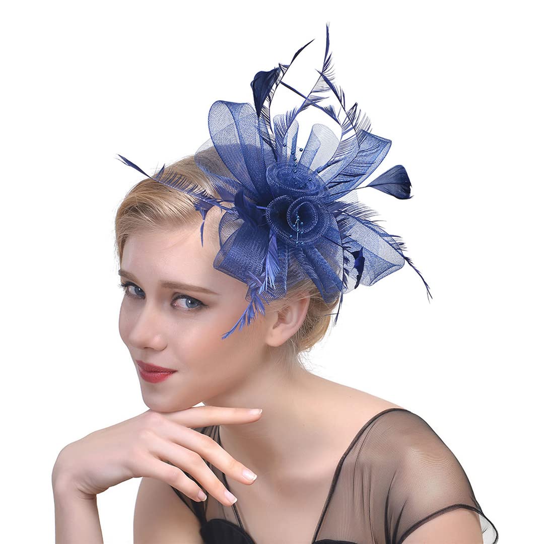 YTBHSHXZ， Cappello da sposa, da chiesa, con piume, in rete, for donna, con nastri floreali, for cocktail e tè.