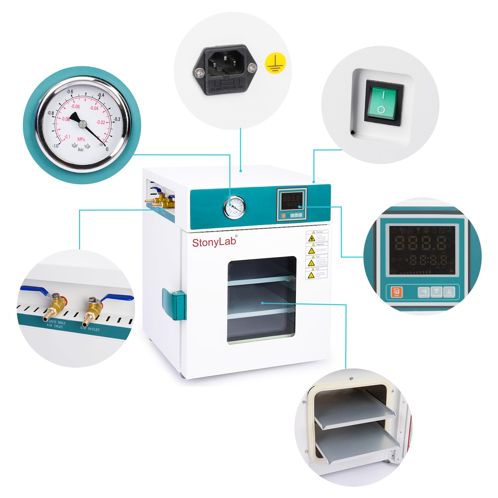 stonylab Vakuumtrocknungsofen, 24l/0,9 cu ft Labortrocknungs-und Heizofen mit Vakuummeter und Digitaler Steuerung, Vacuum Drying Oven, 220V/RT+10-250℃, Edelstahl