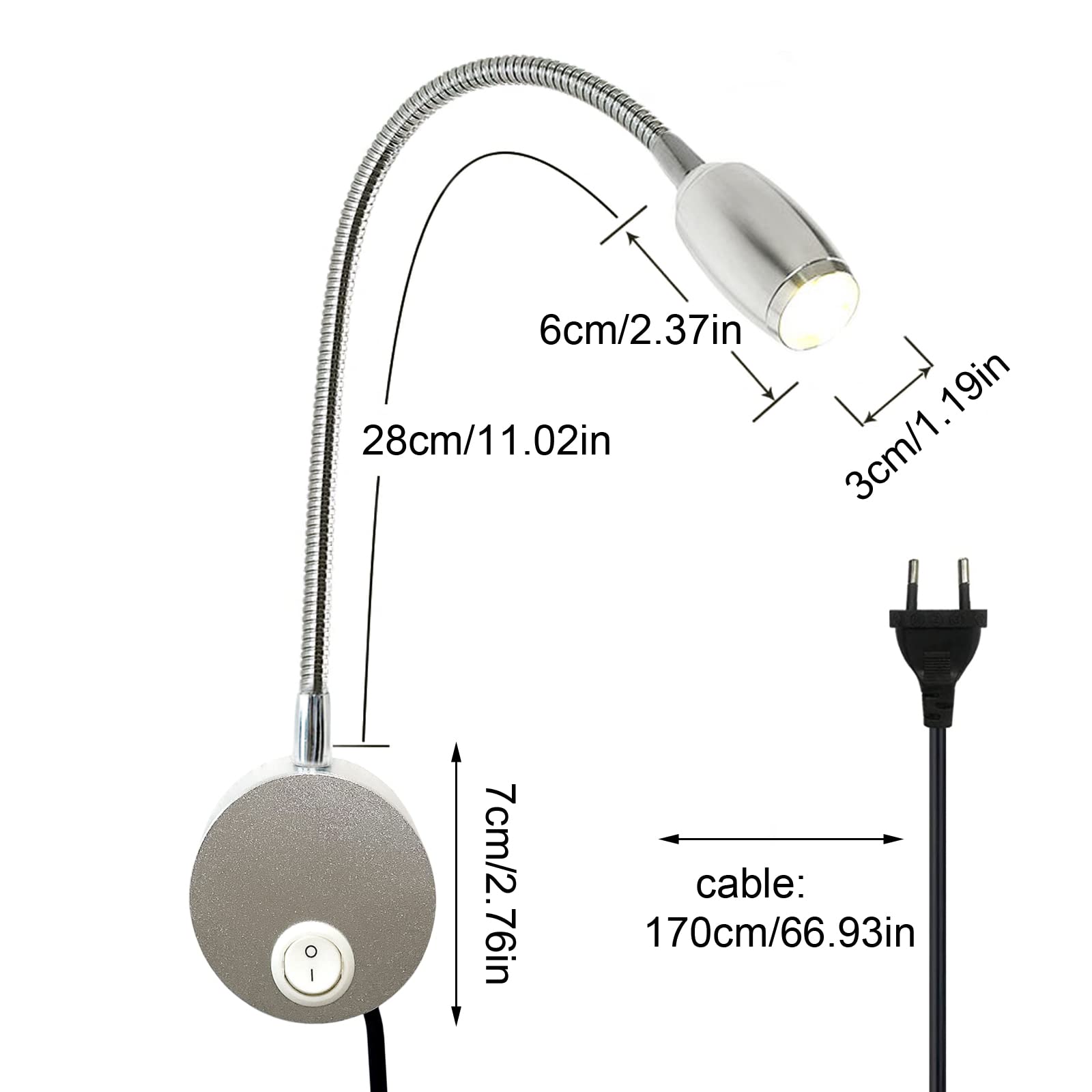 Lampada da lettura a parete, messa a fuoco regolabile, flessibile, a collo di cigno, lampada da lettura a LED con spina e interruttore, lampada da letto in alluminio da 3 W, per camera da letto, letto