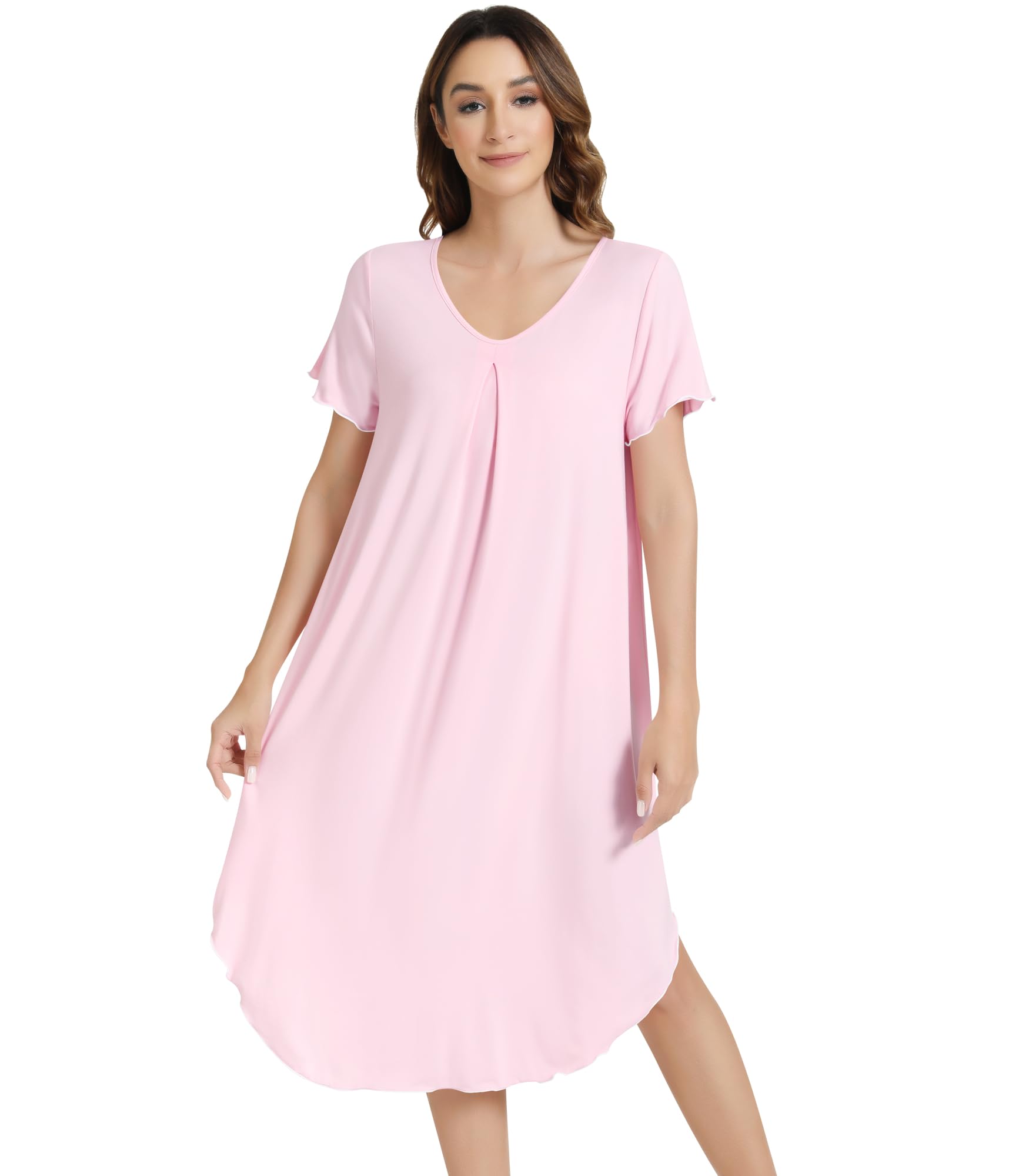 NACHILA Bamboo Viscose Nightgowns for Women Short Sleeve V Neck Sleepwear | Calf Length Nightgowns, Tagless V-Neck Sleepshirt, Pleated Chest Design, Comfortable Short Sleeves, Loose Fit