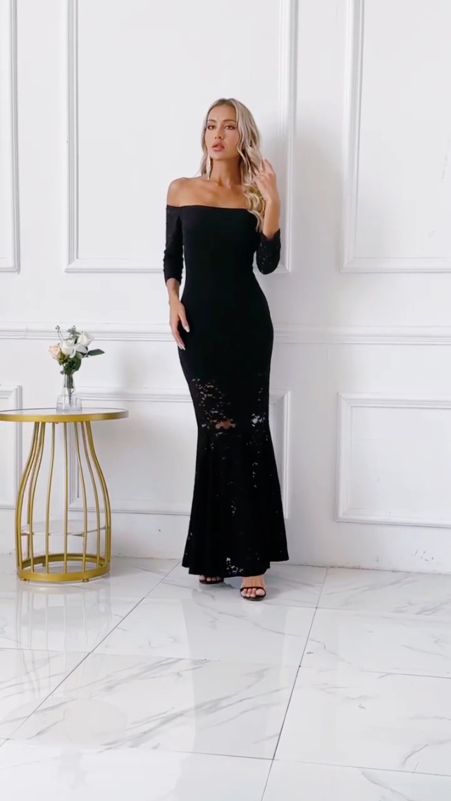 Amazon.com: Capuffy Womens Off Shoulder Floral Lace Mermaid Maxi Dress Long  Sleeves Lace Bodycon Dress Beach Wedding Guest Dress 226(Black,L):  Clothing, Shoes & Jewelry