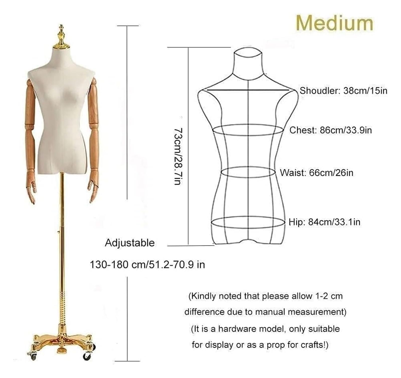 Female Dress Form Mannequin, Mannequin Torso, Female Dress Form Mannequin, Height-adjustable Upper Torso Mannequin with Wooden Arms and Gold Caster Base(Medium)