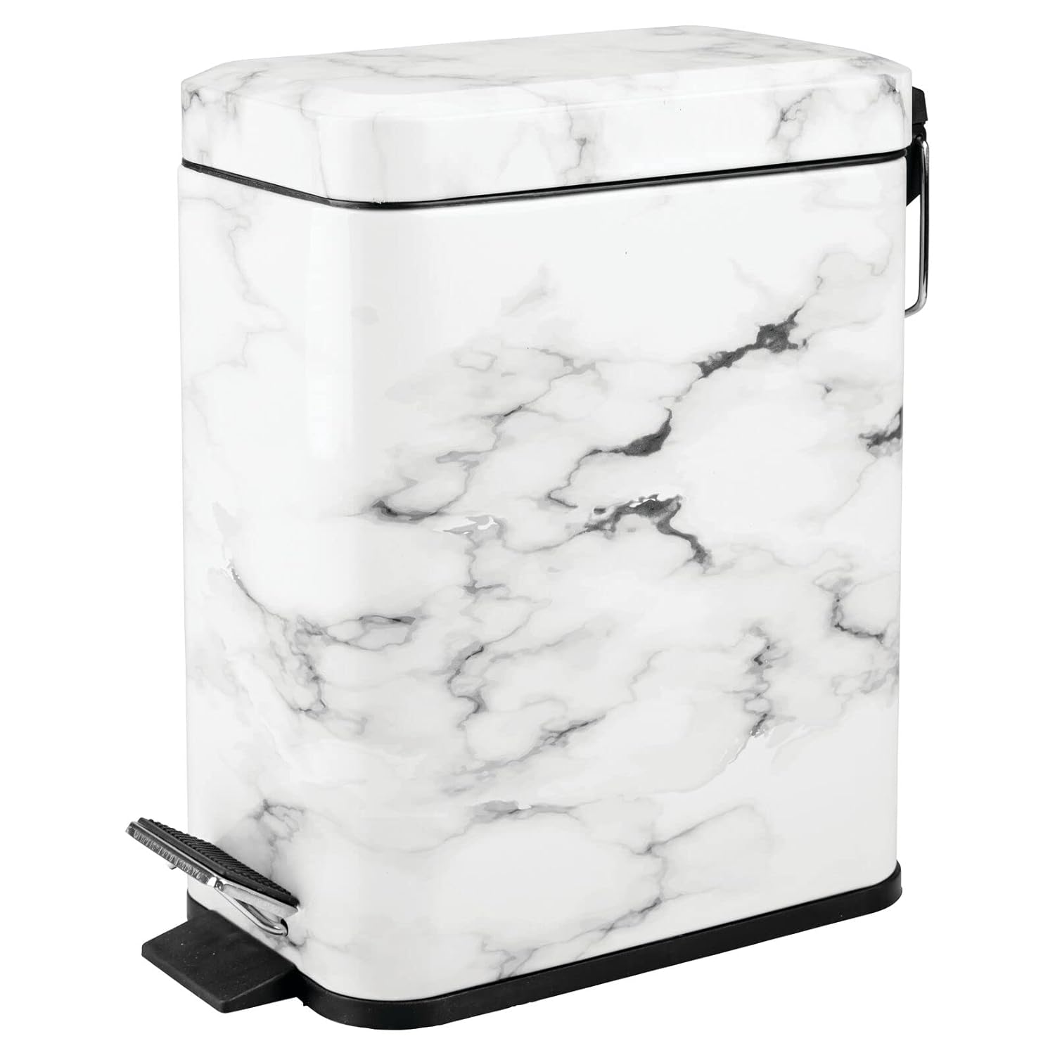 mDesign Small Modern 1.3 Gallon Rectangle Metal Lidded Step Trash Can, Compact Garbage Bin with Removable Liner Bucket and Handle for Bathroom, Kitchen, Craft Room, Office, Garage - White Marble White Marble 1.3 Gallon