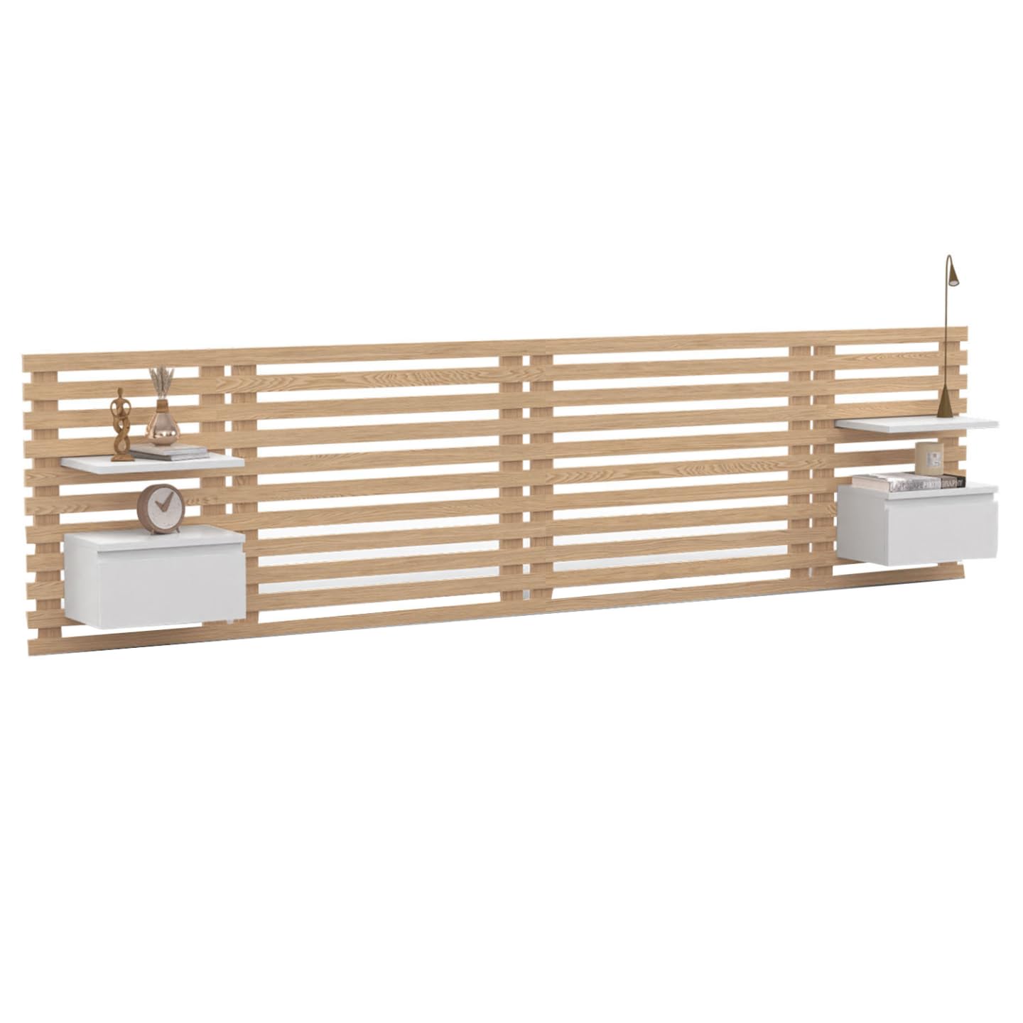 IDMarket - Cabecero de cama colgante AVA 240 cm con mesita de noche + cajón de madera clara y blanca