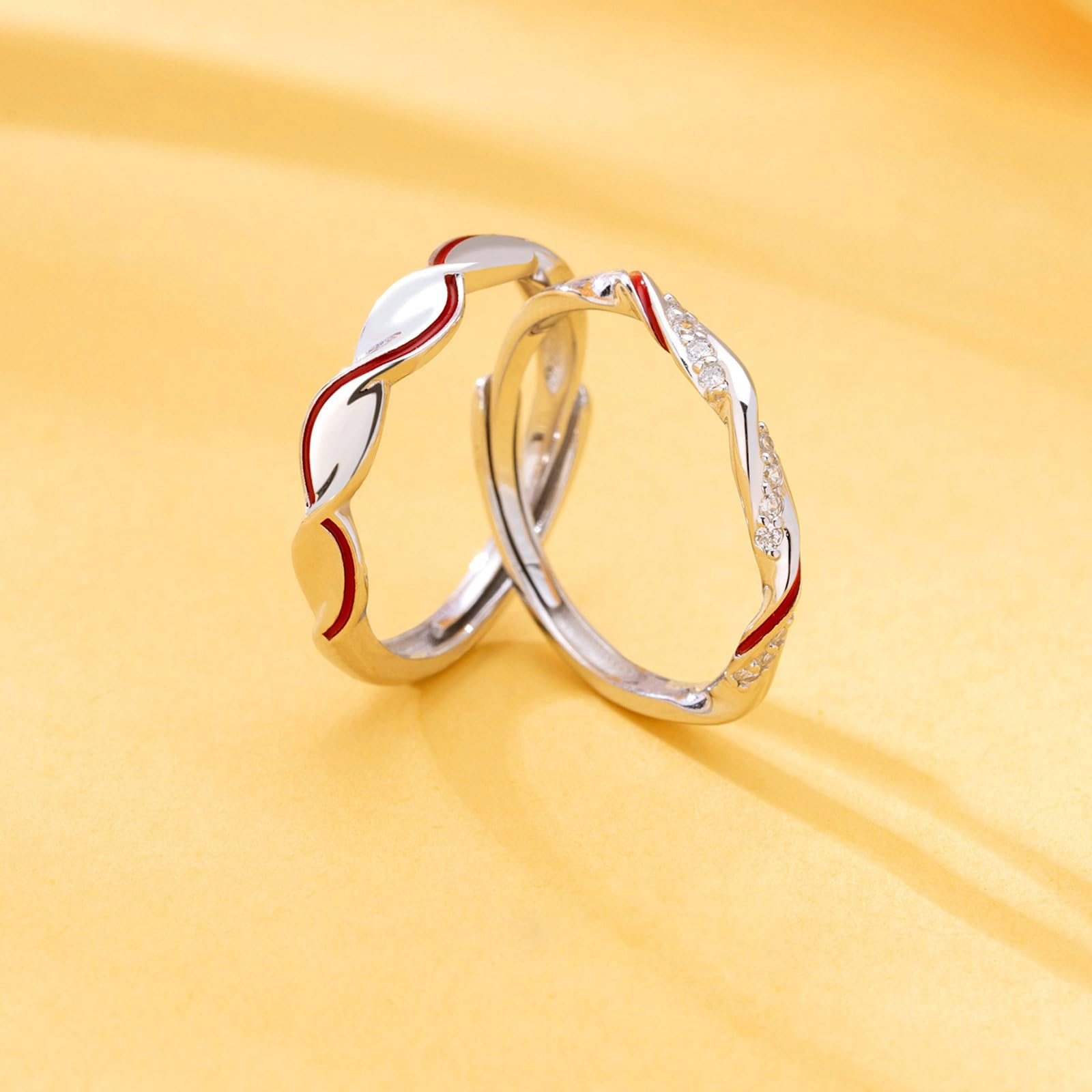 Filo Rosso Anelli, Anelli di Coppia Regolabili Argento 925 Mobius con Zirconi Fedine Fidanzamento Coppia Personalizzabili