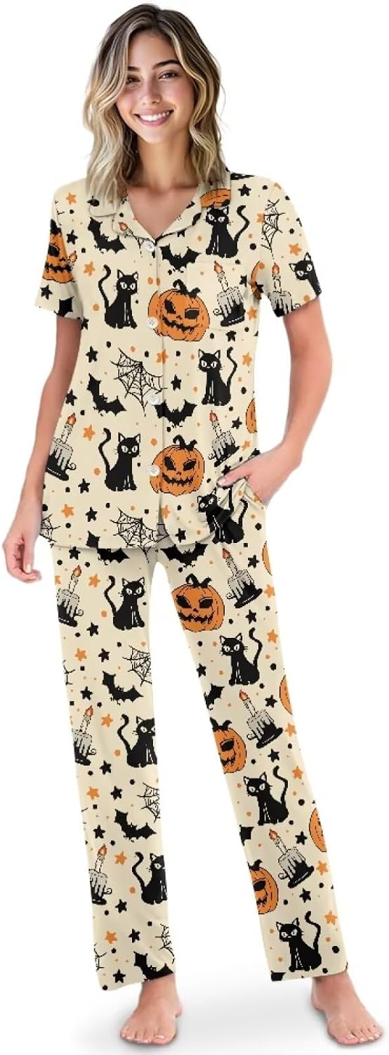 Women Pajamas Set 2 Piece Nightwear Short Sleeve Sleepwear Button Down Pj Lounge Sets with Long Pants