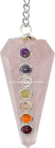 Rose Quartz Crystal Pendulum for Divination - Dowsing Pendulum Necklace with Chakra Cabochon and Chain