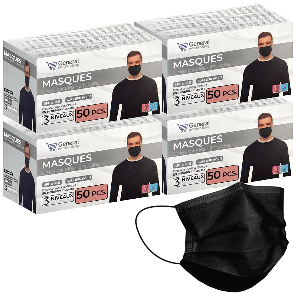 Masques Chirurgicaux Noirs Jetables – Lot 200 Pièces - Type IIR | Certifiés CE EN 14683 BFE ≥ 98% | 3 Couches Protection Respiratoire Adulte