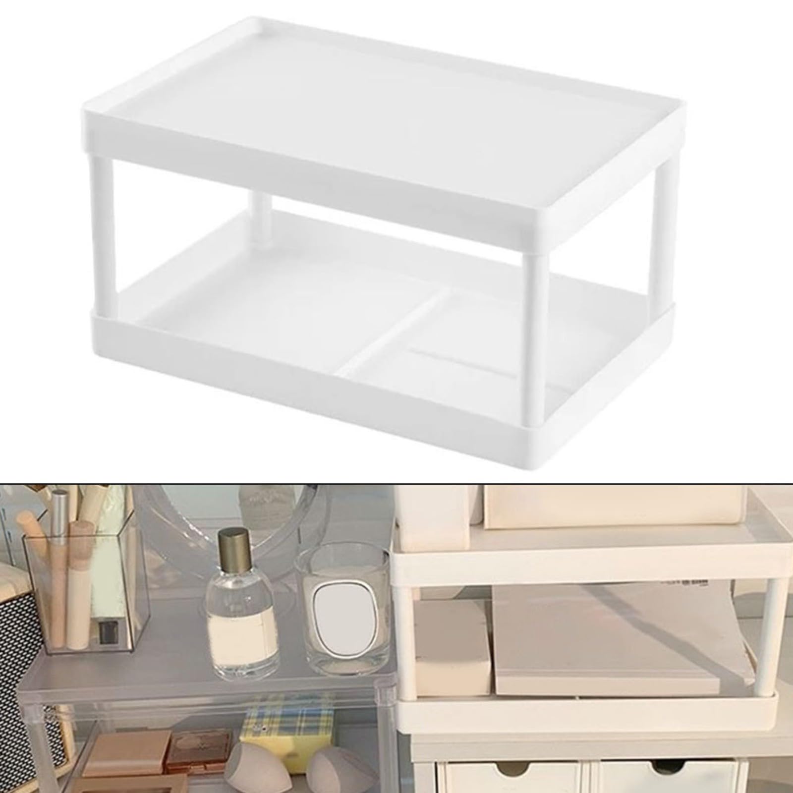 Doppelschichtiges Schreibtisch-Aufbewahrungsregal, abnehmbares Kunststoff-Organizer-Regal für Kosmetik, Schreibwaren, Büro, Wohnheim, Schlafzimmer, weiß, 28 x 185 x 15 cm
