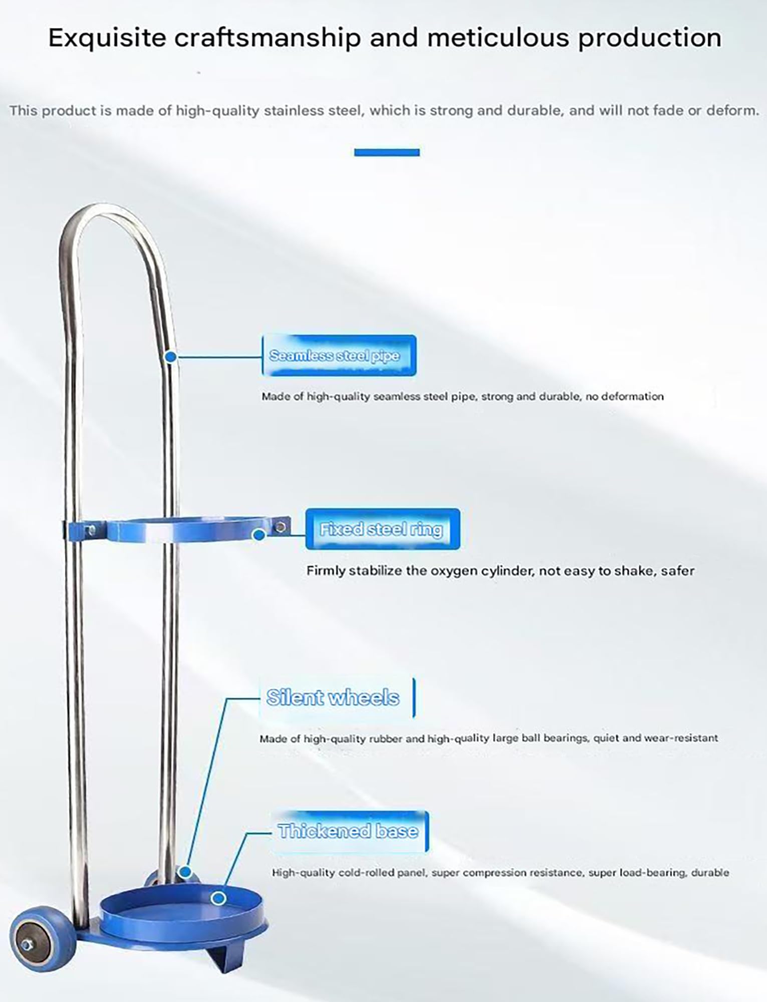 Sauerstoffflaschenhalter-Gestellständerwagen, mobiler Sauerstoffträger mit Rädern for Garagen, Labor, Krankenhaus, 6" Durchmesser Gasflaschenwagen, Länge 95 cm