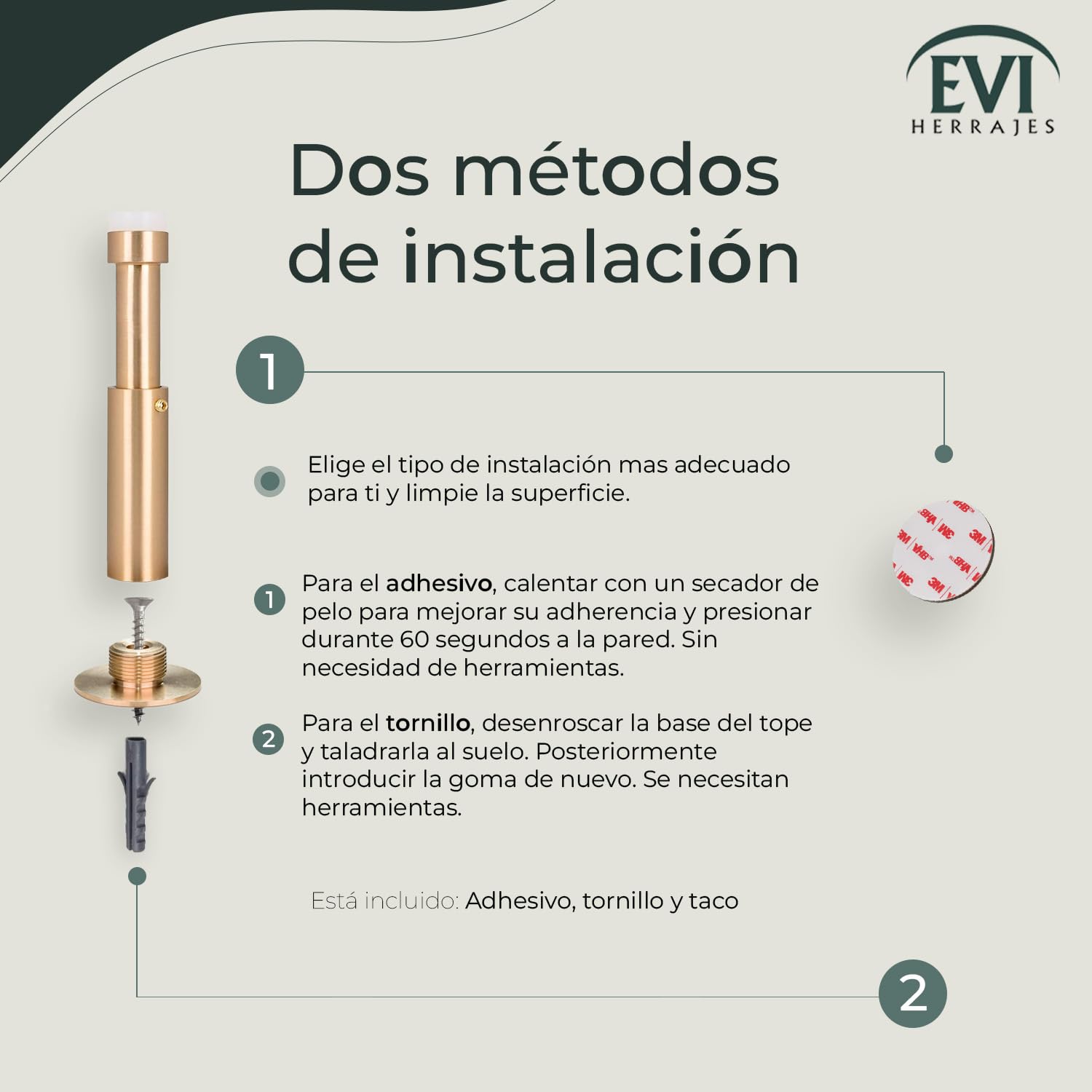 EVI Herrajes | Tope de Puerta para Colocación en Pared | Longitud Regulable: 88-125 mm | Acero Inoxidable | Goma de Silicona Blanca | Amortiguador Anti Golpes | I-182BCB