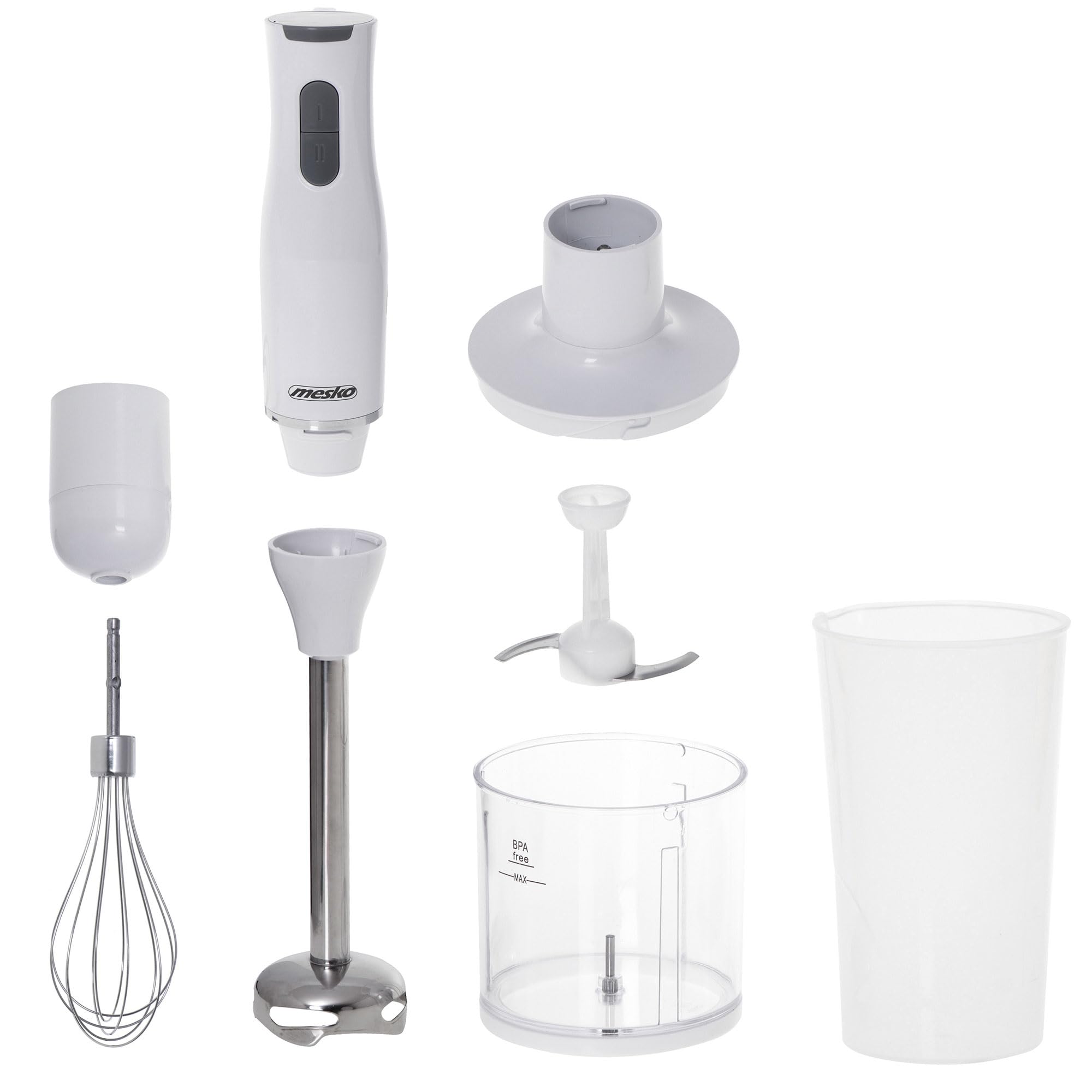 Mesko MS4629 Batidora de Mano Multifunción, Procesador de Alimentos Picadora 0,5 L, Accesorio para Montar Acero Inoxidable, 2 Velocidades, Brazo Desmontable, Vaso Medidor 0,7 L, 800W Mesko MS4629 Batidora de Mano Multifunción, Procesador de Alimentos Picadora 0,5 L, Accesorio para Montar Acero Inoxidable, 2 Velocidades, Brazo Desmontable, Vaso Medidor 0,7 L, 800W