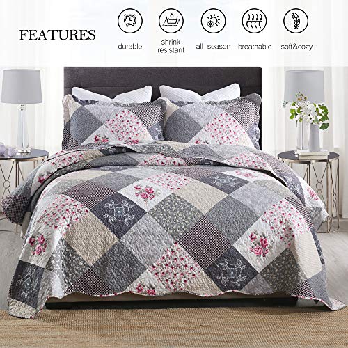 Enjohos Quilts Queen Size Queen Quilt Set Grey Quilt Bedspread Reversible Patchwork Floral Coverlet Set, Lightweight Country Quilts Bedding Set With 2 Pillow Shams（Grey Flower Plaid2） #TOP1