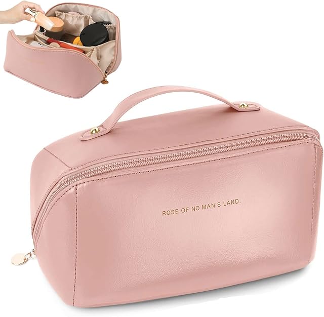 Large Capacity Travel Cosmetic Bag, Portable Cosmetic Bag Travel Makeup Bag Leather Cosmetic Travel Bag Waterproof Makeup Bag Toiletry Bags with Handle and Zipper (Pink)