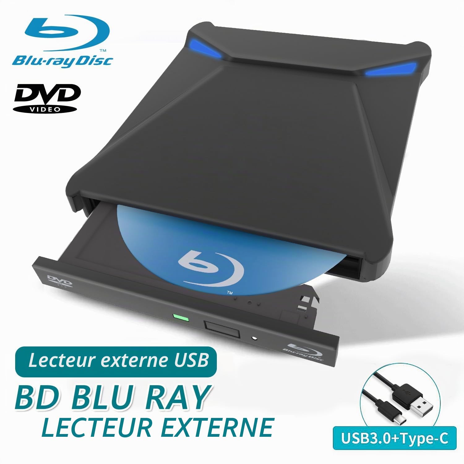 Magesh Lecteur Blu-Ray Externe, USB3.0 Type-C External Blu-Ray Drive, Slim Portable External Blu-Ray DVD Burner/Reader, for Laptop, Desktop, Windows 11/10/8