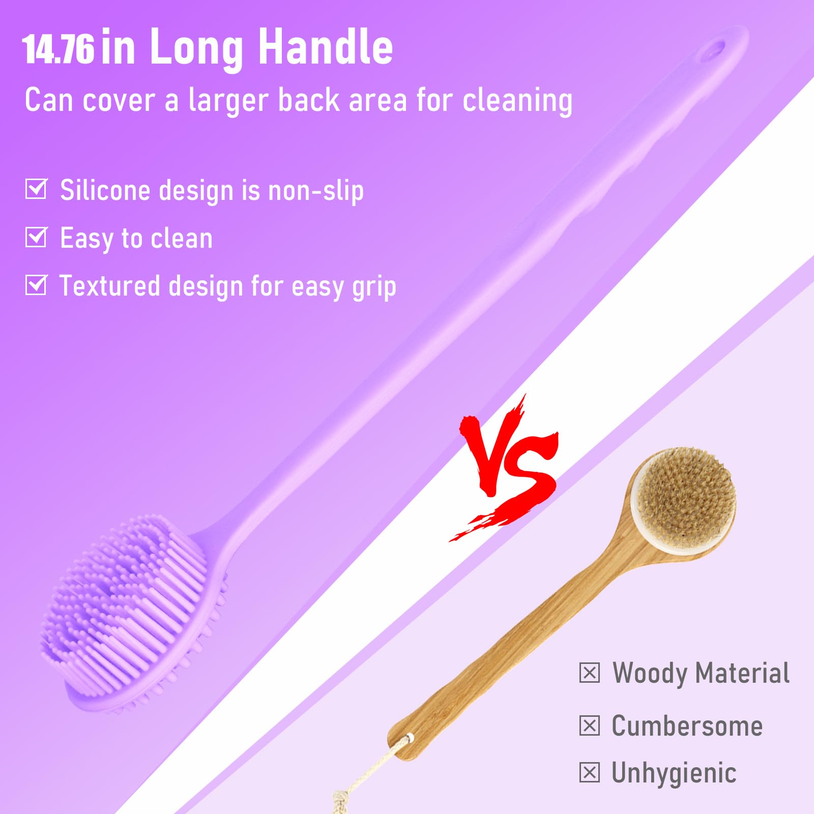 KXF Silicone Back Scrubber 37.5cm Long Handle Double-Sided Shower Body Brush Body Scrubber Bath Wash Brush with Soft Lathering Bristles and Stiff Massage Nodes Gentle Exfoliating Showering Exfoliator - Image 4
