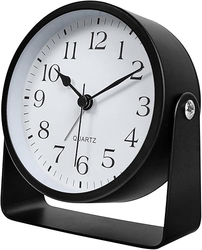 Reloj despertador analógico de escritorio pequeño, funciona con pilas, mini mesita de noche de metal, con decoración de mesa auxiliar ligera, de
