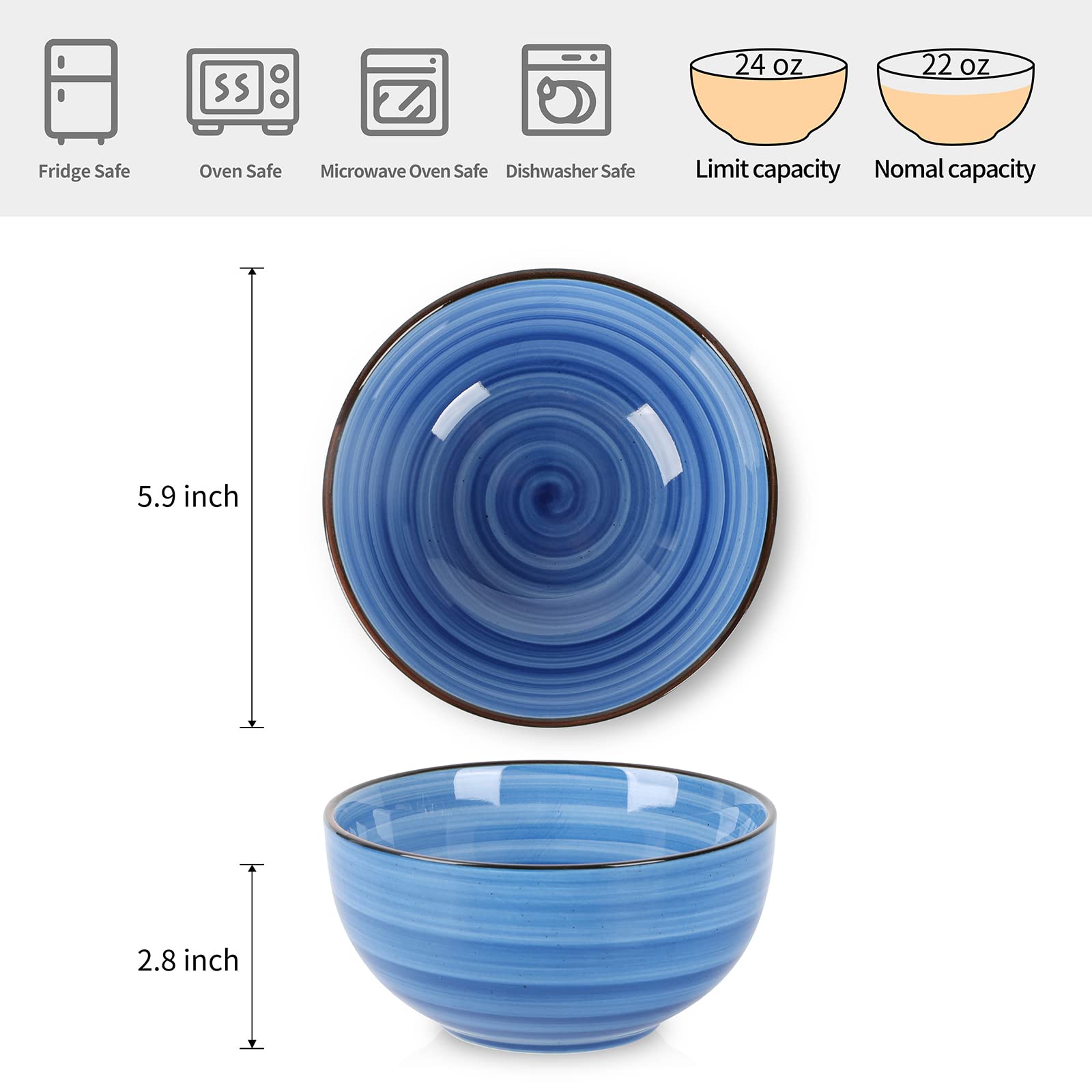 Selamica Keramik 680 ml Müslischalen Set, tiefe Suppenschüsseln, 5.9 Zoll Porzellan Küchenschalen für Nudeln, Salat, Dessert, Haferflocken, Ramen, mikrowellengeeignet, 6 Stück, Farbverlauf Blau