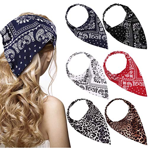 6 Pieces Floral Elastic Hair Scarf Headband Chiffon Head Kerchief Head Scarf Floral Printed Turban Boho Headbands Hair Bandanas with Hair Clips for Women Girls Hair Accessories (Paisley and Leopard)
