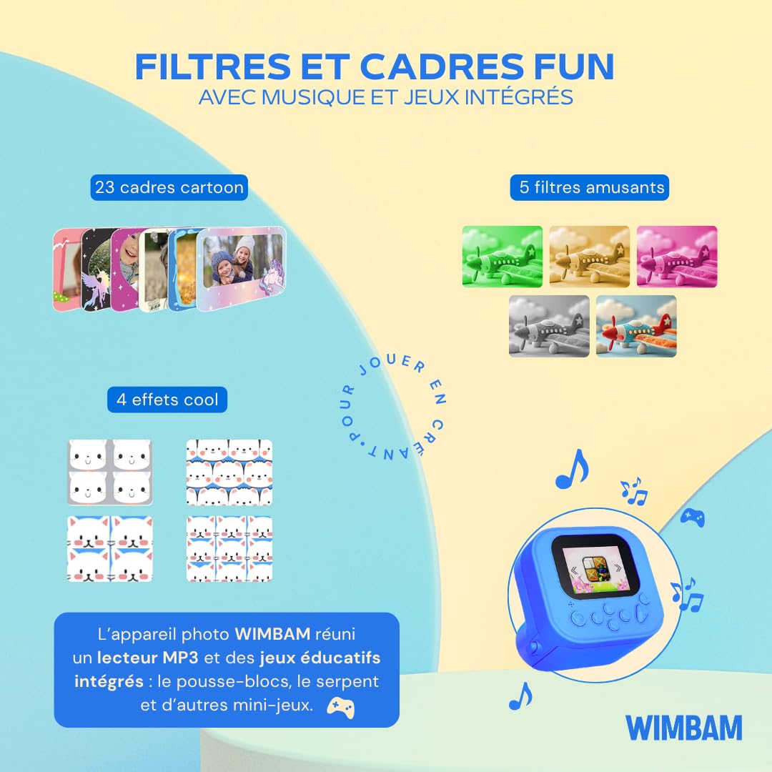 Appareil Photo Instantané Enfant, 1080P HD Appareil Photo Numérique Enfant avec Papier d'impression - Écran 2.0", Mode Selfie et Video, 4 Jeux, Cadeau Jouet pour Filles Garçons 3-12 Ans (Bleu)