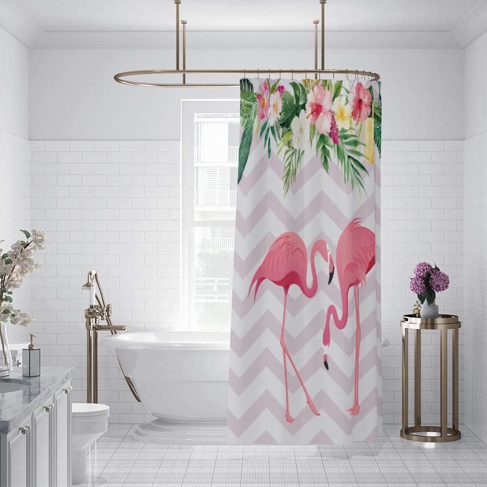 OERJU 72x78inch Pink Flamingo Shower Curtain Cute Tropical Animal Colorful Floral Green Leaf Botany White Stripe Arrows Base for Bathroom Decor Fabric Polyester Shower Curtain Liner with Hooks