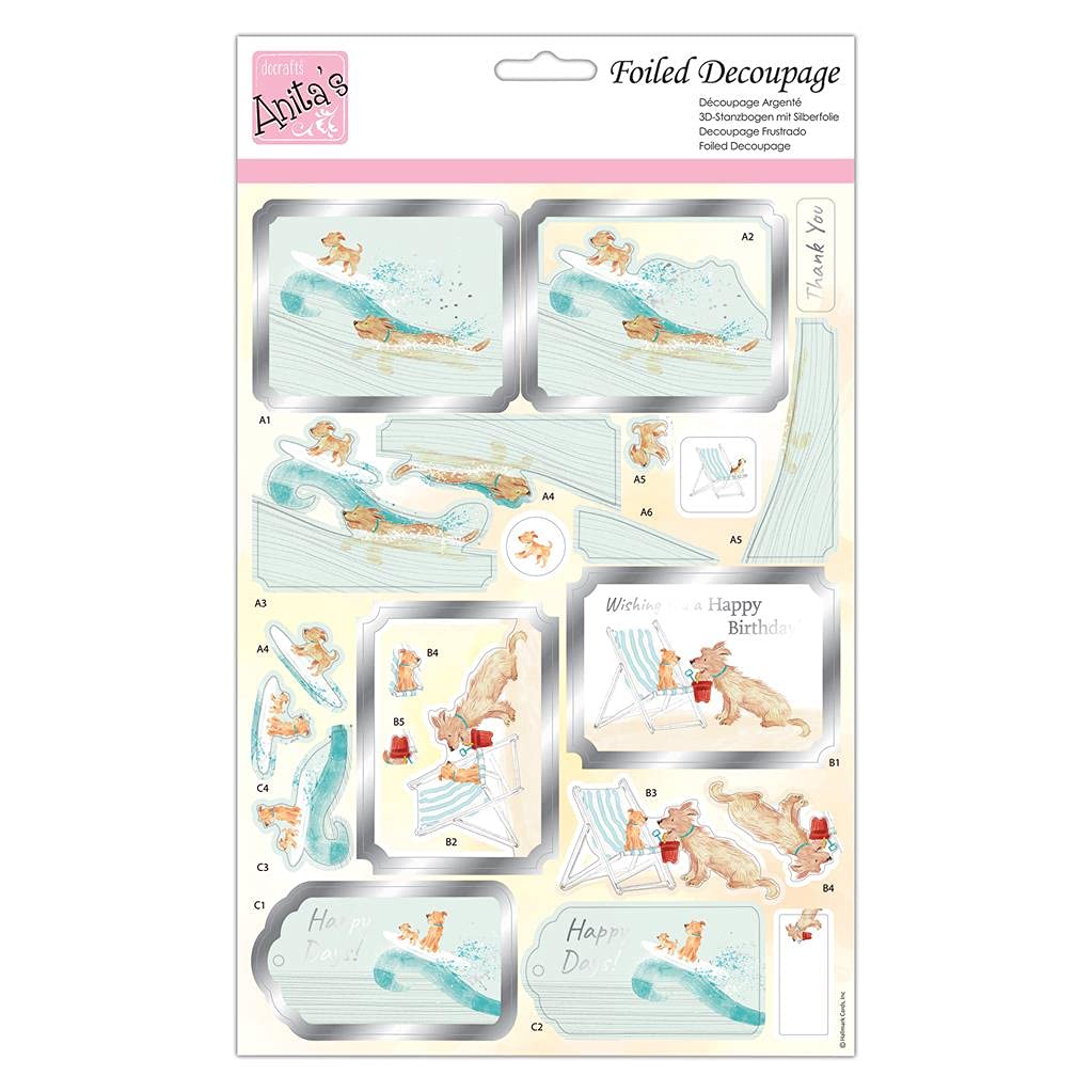 Docrafts Multi Anita's A4 Dogs At The Seaside, Foiled Decoupage Sheet, Accessories Supplies For Craft, Paper Craft, Scrapbooking, Card Making, Origami, Ideal For Adult Craft, Adds Textured Pattern To Craft Projects