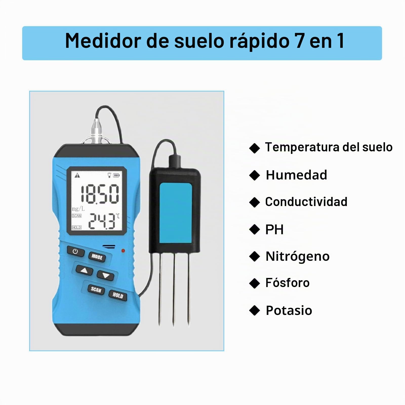 PixCy Medidor Digital De Suelo 7 En 1, Sensor De Alta Precisión Npk Ph EC Humedad Temperatura Humedad, Prueba De Fertilidad del Suelo con Pantalla LCD para Jardín, Granja E Invernadero.