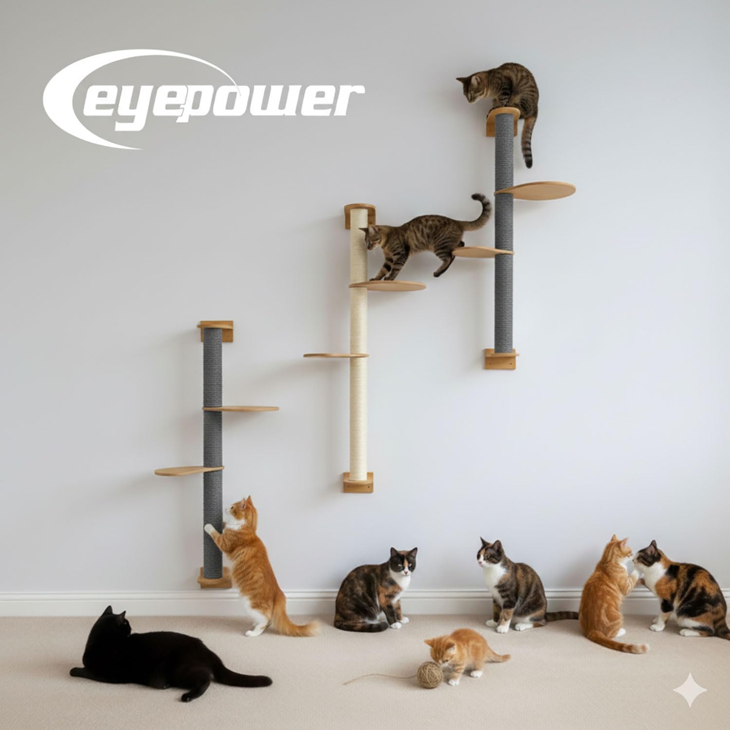 eyepower 130 cm Wandkratzbaum Luna mit 2 Plateaus zum Klettern - Kratzbaum Groß für Katzen - Kletterbaum mit Wandhalterung - Katzenbaum zur Wandmontage - Kletterwand Katze Kratzstamm Kratzsäule Wand