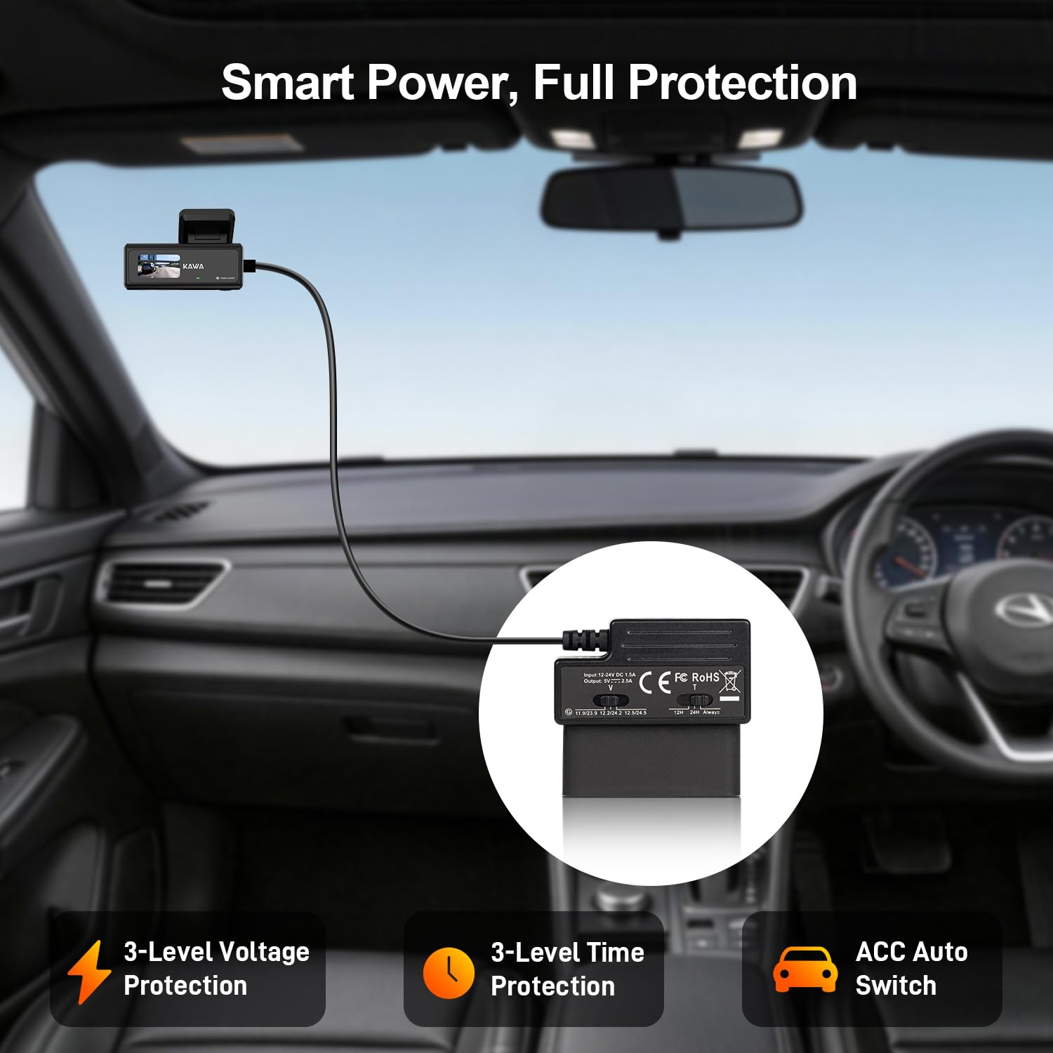 KAWA Dashcam OBD-Stromkabel, OBD-zu-USB-C-Adapter-Hardwire-Kit mit 24/7-Parkmodus, 3-stufigem Unterspannungsschutz, Zündungserkennung (Acc), Plug-and-Play-Daueraufnahme