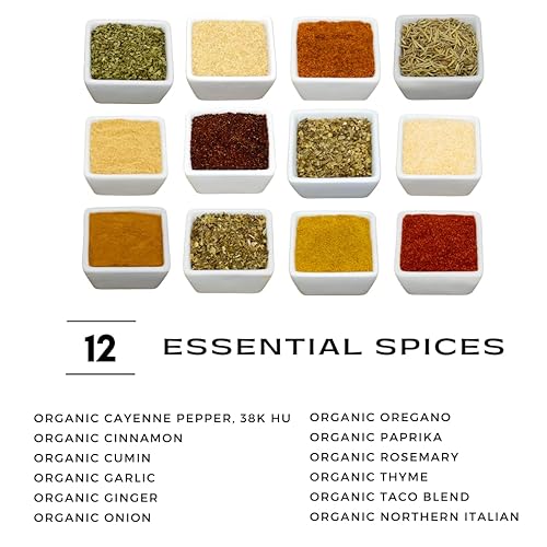 Miniatura 5 de El juego de iniciación de especias orgánicas incluye 12 especias orgánicas Cayena  Canela  Comino  Ajo  Jengibre  Condimento italiano  Cebolla