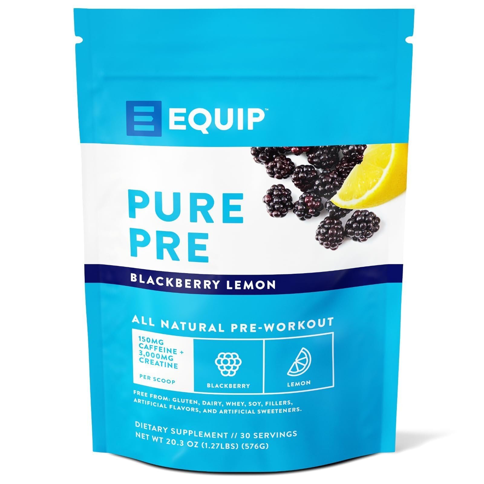Equip Foods Pure Pre All Natural Pre-Workout Powder | Green Tea Caffeine, Sea Salt, EAA, Vitamin C, B6, B12, L-carnitine, Agnine | Naturally Boosts Workouts | 30 Servings, BlackBerry Lemon Caffeinated