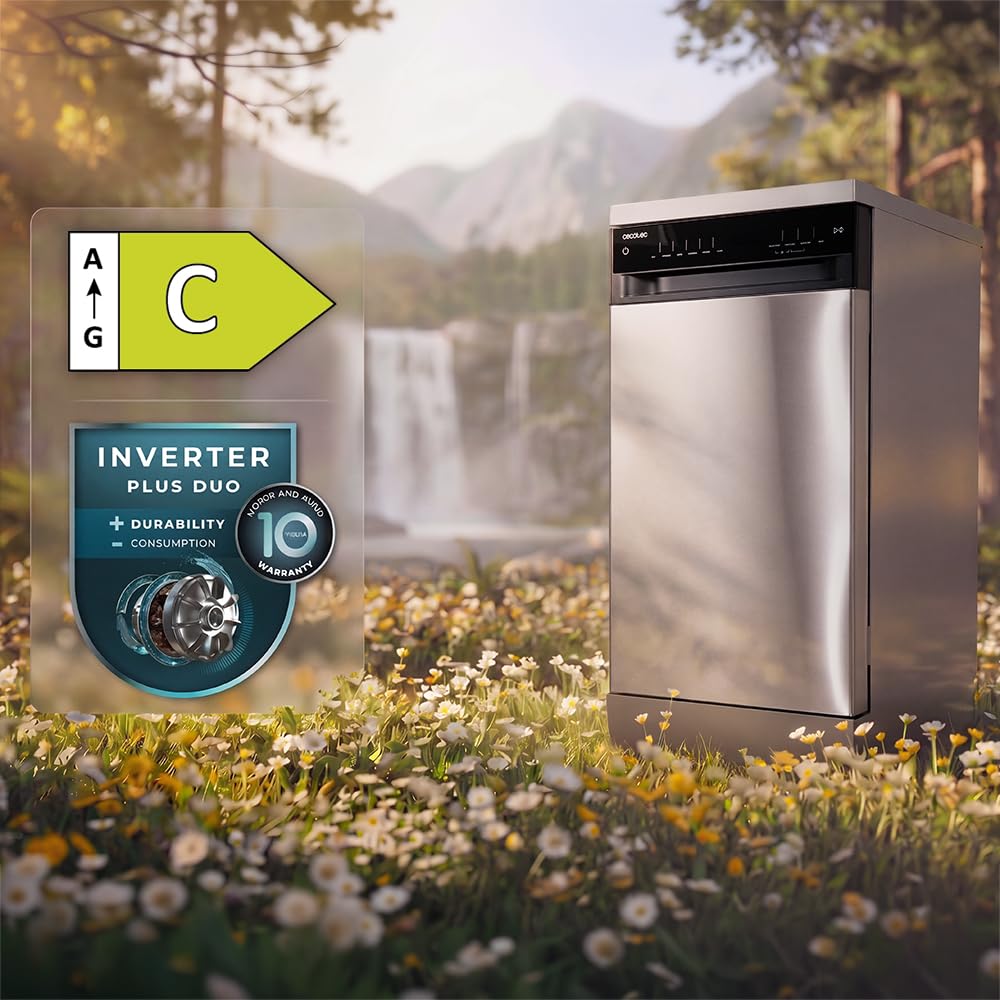 Cecotec Lavastoviglie Libera Installazione 45cm Bolero Aguazero 4560 Inox Connected. 11 Coperti, 6 Programmi, Classe C, Inverter Plus Duo, Pannello Touch,WiFi, O2Dry, Super Dry, Save+, AutoClean, Inox