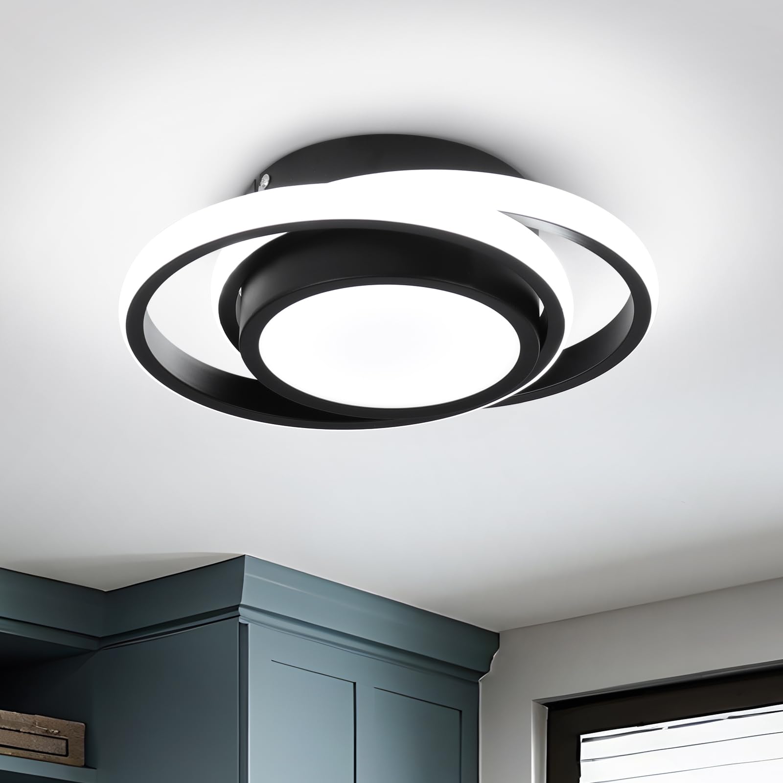 CANEOE Small Modern LED Ceiling Light,2 Rings Creative Design Ceiling Lamp Black Indoor Hallway Light Fixtures for Living Room Bedroom Kitchen Office (Cool White,6000K)