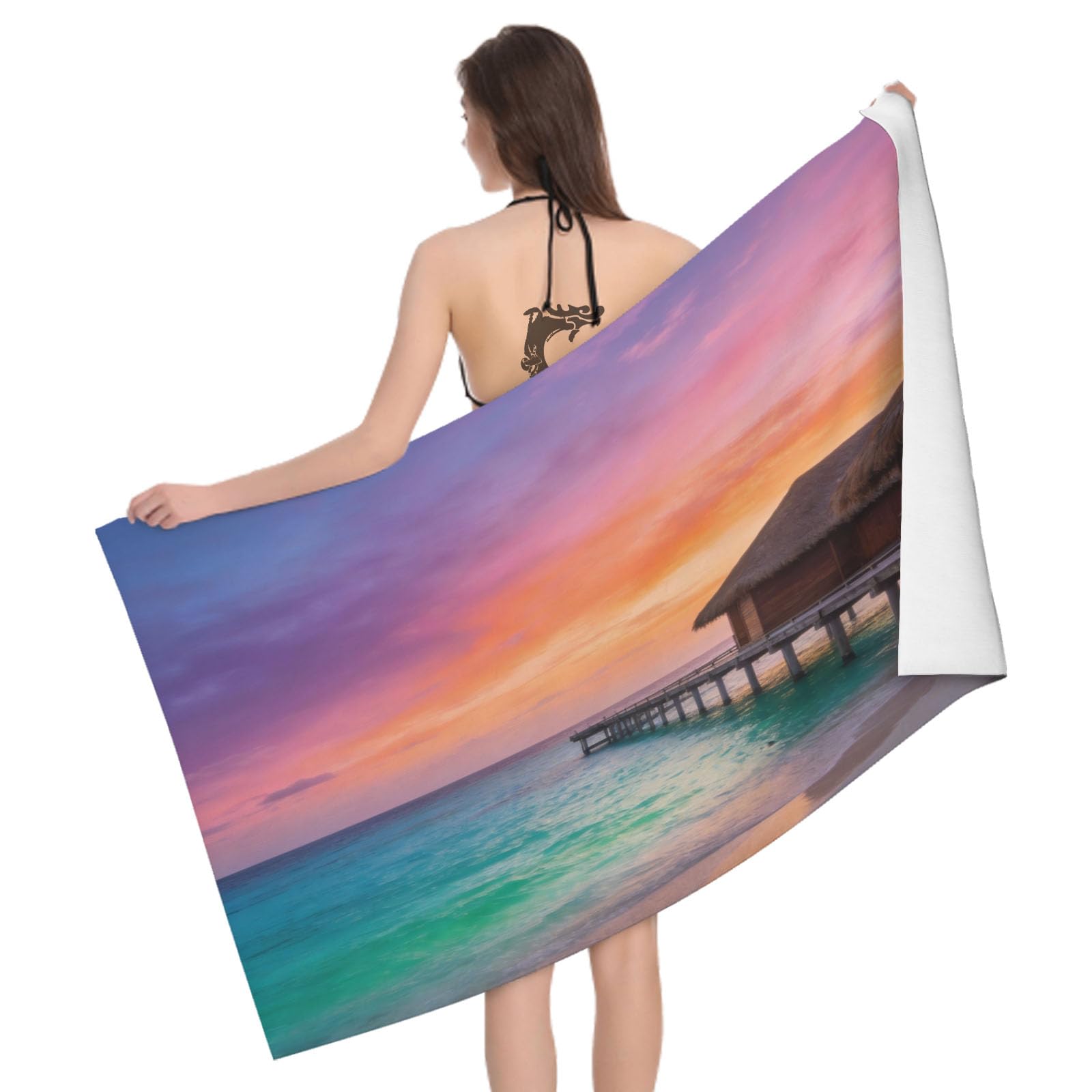 Leichong 3D Sea View Beach Towel Microfiber Soft Quick Dry for Adults, Sunset Sea View Bath Towel Lightweight Soft Absorbent for Travel Swimming Pool Sports, 75 x 150 cm